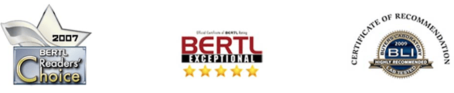 Trois logos représentant des distinctions et des recommandations attribuées par BERTL et BLI à Bureautique Reno, entreprise spécialisée dans la vente, l’entretien et la réparation de copieurs multifonctions, imprimantes laser, numérisateurs (scanner) et télécopieurs (Fax) en Beauce, à Saint-Georges, à Sainte-Marie, à Thetford-Mines, à Lac Etchemin et à Beauceville. Le premier logo de récompense en forme d'étoile argentée avec le texte '2007 BERTL Readers' Choice'. Le deuxième logo avec le texte 'BERTL EXCEPTIONAL' au-dessus de cinq étoiles dorées. Le troisième est un certificat rond avec le texte 'Certificate of Recommendation 2009 BLI Highly Recommended'.